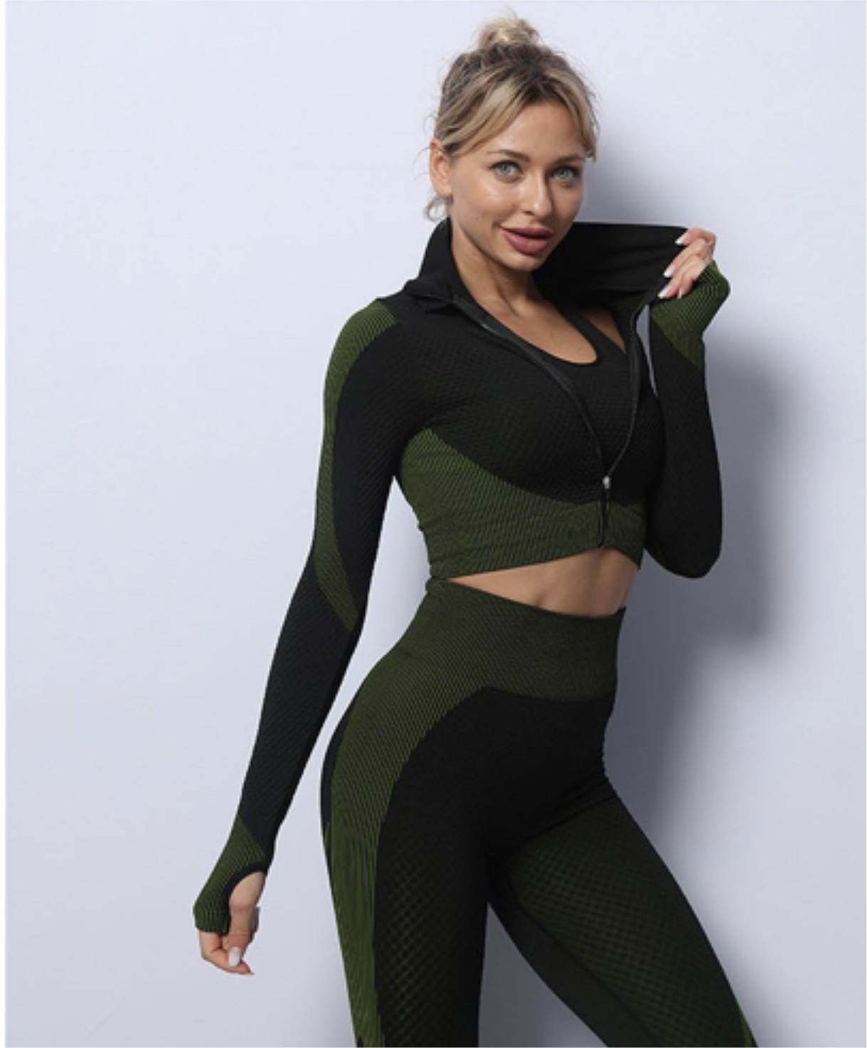 3pcs Sports Jacket Set Long Sleeve Sports Suit Workout Outfits for Women L  Dark Green